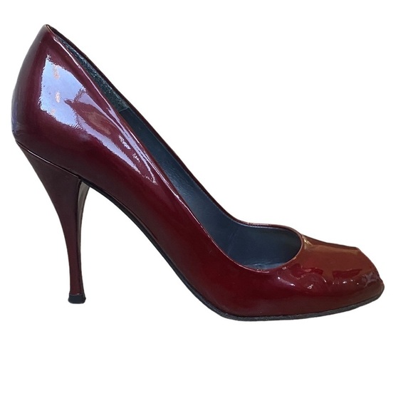 Stuart Weitzman Burgundy Red Stiletto Patent Leather Peep Toe Heels 8 - Picture 5 of 11